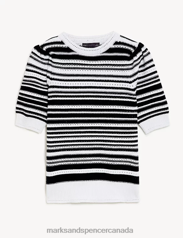 Women Black Mix Clothing Marks & Spencer Cotton Rich Striped Crew Neck Knitted Top 20VTD2416 - Marks and Spencer online