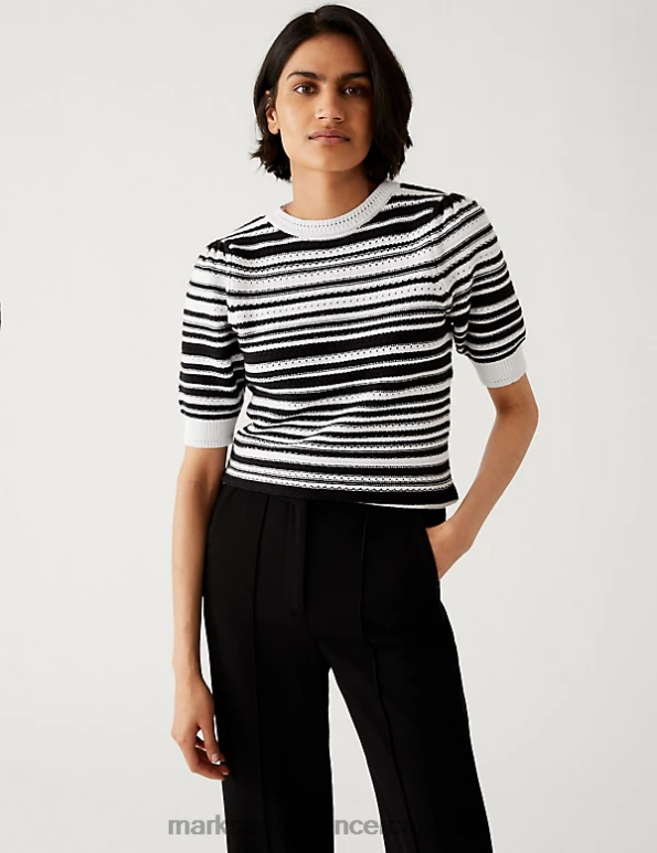 Women Black Mix Clothing Marks & Spencer Cotton Rich Striped Crew Neck Knitted Top 20VTD2416 - Marks and Spencer online