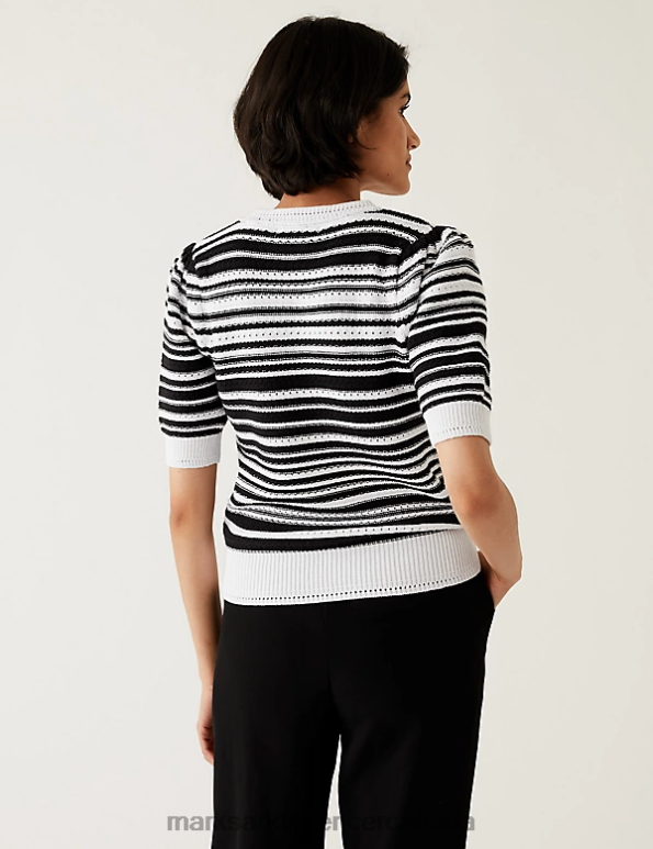 Women Black Mix Clothing Marks & Spencer Cotton Rich Striped Crew Neck Knitted Top 20VTD2416 - Marks and Spencer online