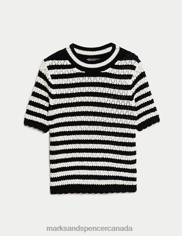 Women Black Mix Clothing Marks & Spencer Cotton Rich Textured Striped Knitted Top 20VTD79 - Marks and Spencer outlet