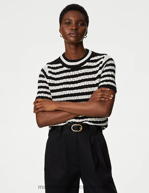 Women Black Mix Clothing Marks & Spencer Cotton Rich Textured Striped Knitted Top 20VTD79 - Marks and Spencer outlet