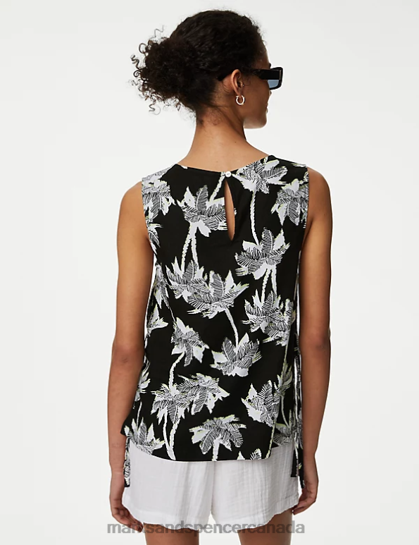 Women Black Mix Clothing Marks & Spencer Linen Rich Printed High Neck Vest Top 20VTD1575 - Marks and Spencer outlet