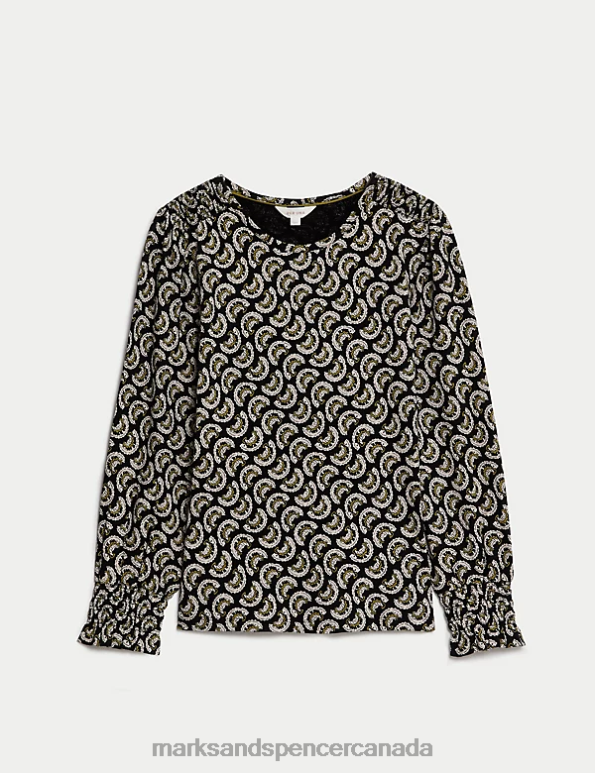 Women Black Mix Clothing Marks & Spencer Pure Cotton Printed Shirred Puff Sleeve Top 20VTD1574 - Marks and Spencer Canada locations