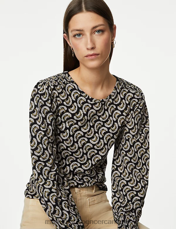 Women Black Mix Clothing Marks & Spencer Pure Cotton Printed Shirred Puff Sleeve Top 20VTD1574 - Marks and Spencer Canada locations