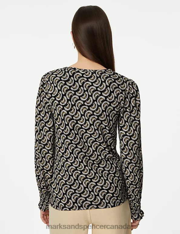 Women Black Mix Clothing Marks & Spencer Pure Cotton Printed Shirred Puff Sleeve Top 20VTD1574 - Marks and Spencer Canada locations