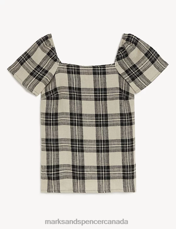 Marks and Spencer near me - Women Black Mix Clothing Marks & Spencer Pure Linen Checked Top 20VTD1779