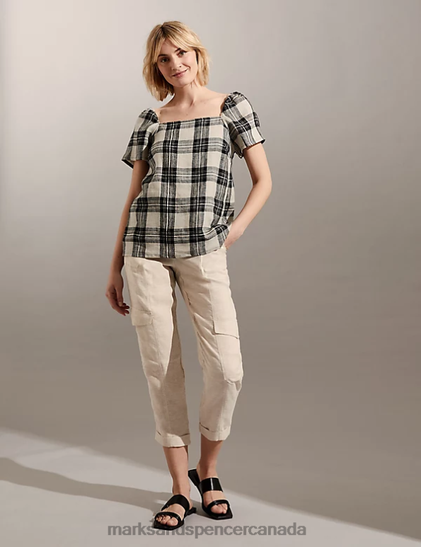 Marks and Spencer near me - Women Black Mix Clothing Marks & Spencer Pure Linen Checked Top 20VTD1779