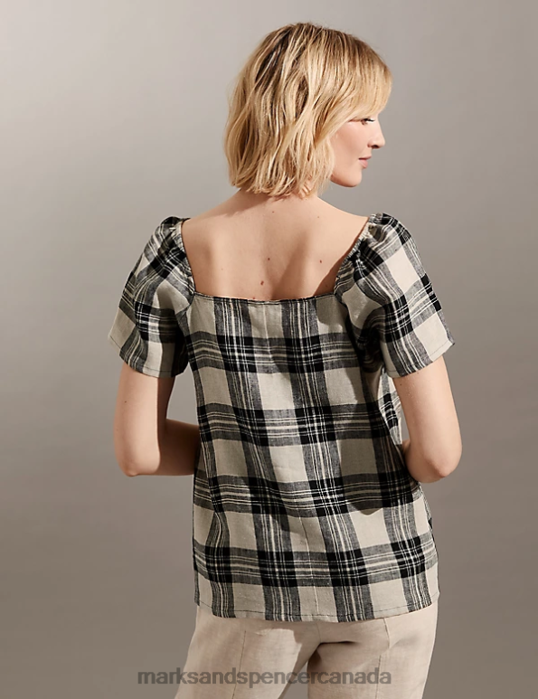 Marks and Spencer near me - Women Black Mix Clothing Marks & Spencer Pure Linen Checked Top 20VTD1779