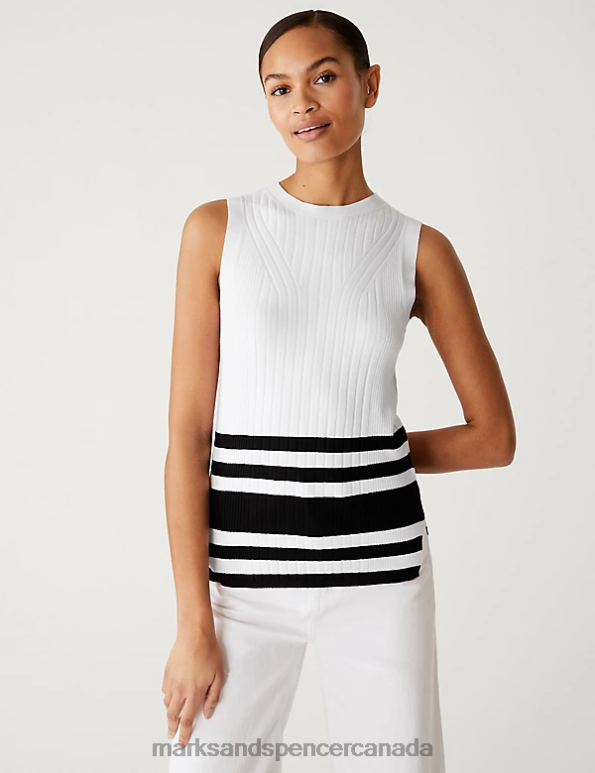 Marks and Spencer Canada - Women Black Mix Clothing Marks & Spencer Striped Crew Neck Fitted Knitted Vest 20VTD1210