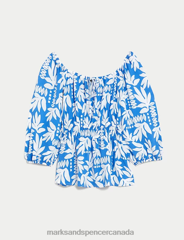 Women Blue Mix Clothing Marks & Spencer Printed Blouson Sleeve Peplum Top 20VTD1125 - Marks and Spencer outlet