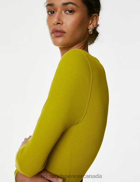 Marks and Spencer Canada - Women Bright Lime Clothing Marks & Spencer Cotton Rich Ribbed Top 20VTD584