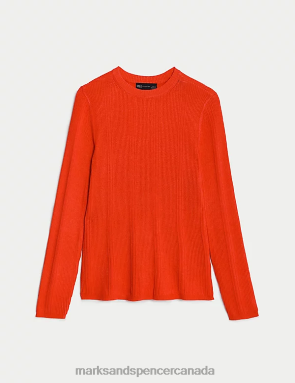 Women Bright Orange Clothing Marks & Spencer Ribbed Crew Neck Fitted Knitted Top 20VTD1560 - Marks and Spencer online