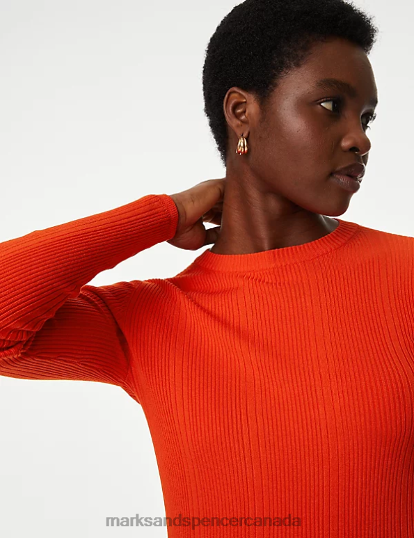 Women Bright Orange Clothing Marks & Spencer Ribbed Crew Neck Fitted Knitted Top 20VTD1560 - Marks and Spencer online
