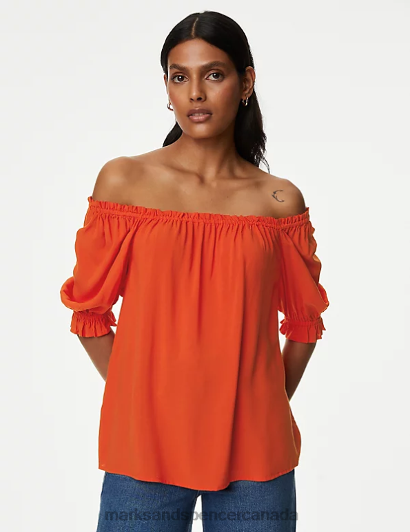 Women Bright Orange Clothing Marks & Spencer Square Neck Puff Sleeve Top 20VTD3141 - Marks and Spencer Canada locations