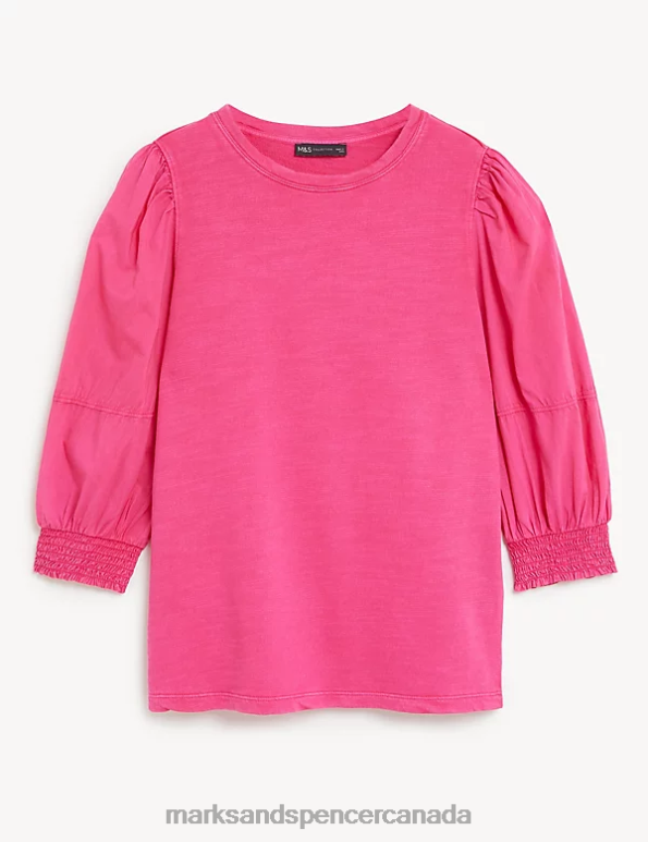 Women Bright Pink Clothing Marks & Spencer Pure Cotton Crew Neck Volume Sleeve Top 20VTD654 - Marks and Spencer Canada locations