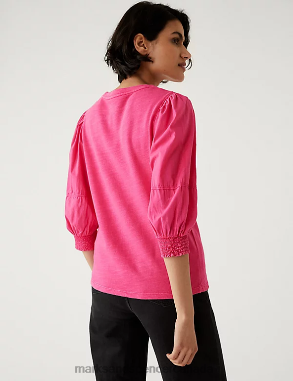 Women Bright Pink Clothing Marks & Spencer Pure Cotton Crew Neck Volume Sleeve Top 20VTD654 - Marks and Spencer Canada locations