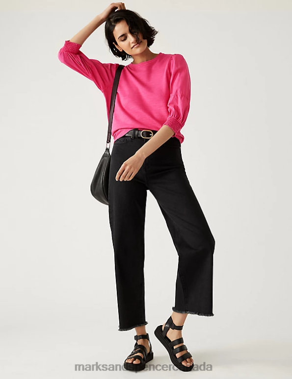 Women Bright Pink Clothing Marks & Spencer Pure Cotton Crew Neck Volume Sleeve Top 20VTD654 - Marks and Spencer Canada locations