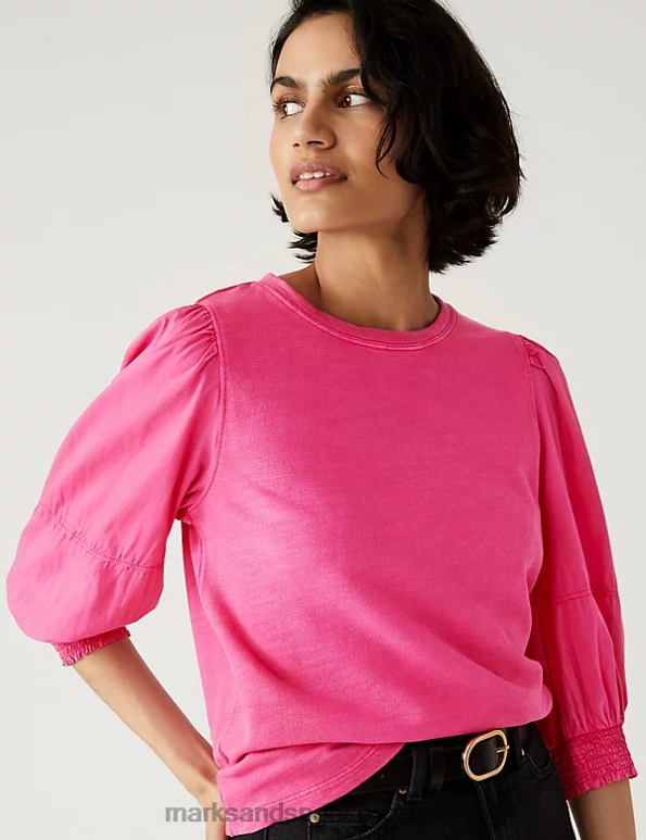 Women Bright Pink Clothing Marks & Spencer Pure Cotton Crew Neck Volume Sleeve Top 20VTD654 - Marks and Spencer Canada locations