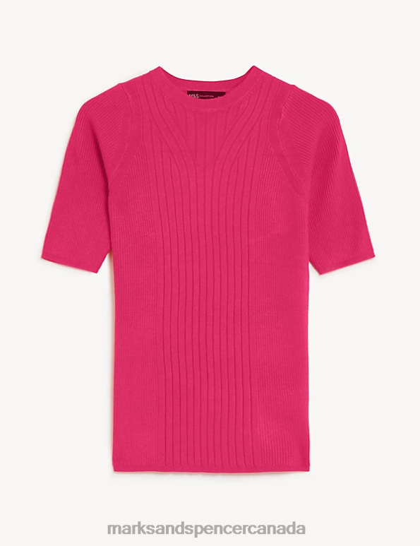 Marks and Spencer Canada - Women Bright Pink Clothing Marks & Spencer Ribbed Crew Neck Knitted Top 20VTD415