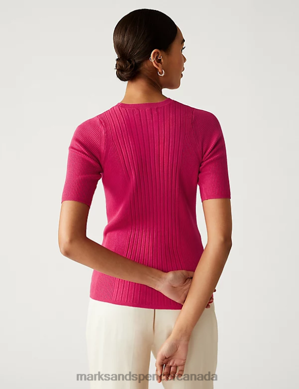Marks and Spencer Canada - Women Bright Pink Clothing Marks & Spencer Ribbed Crew Neck Knitted Top 20VTD415