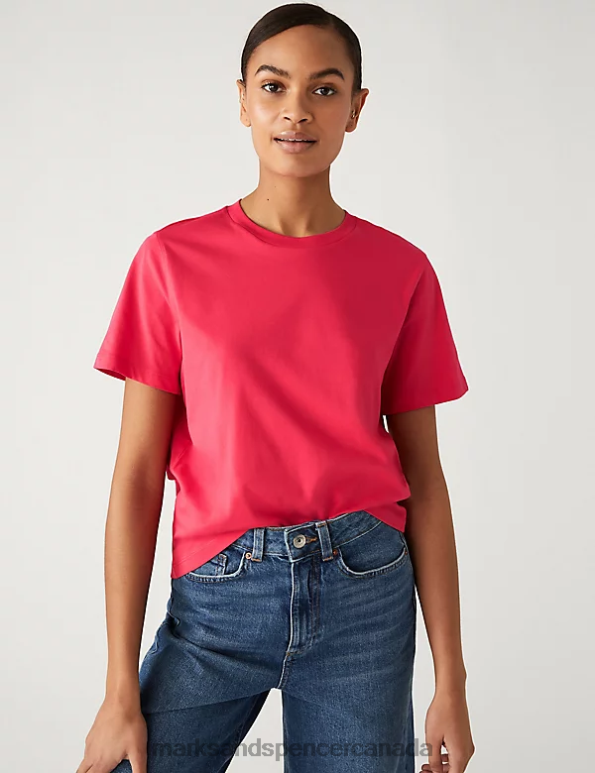 Women Bright Red Clothing Marks & Spencer Pure Cotton Modern Tee 20VTD320 - Marks and Spencer Canada locations