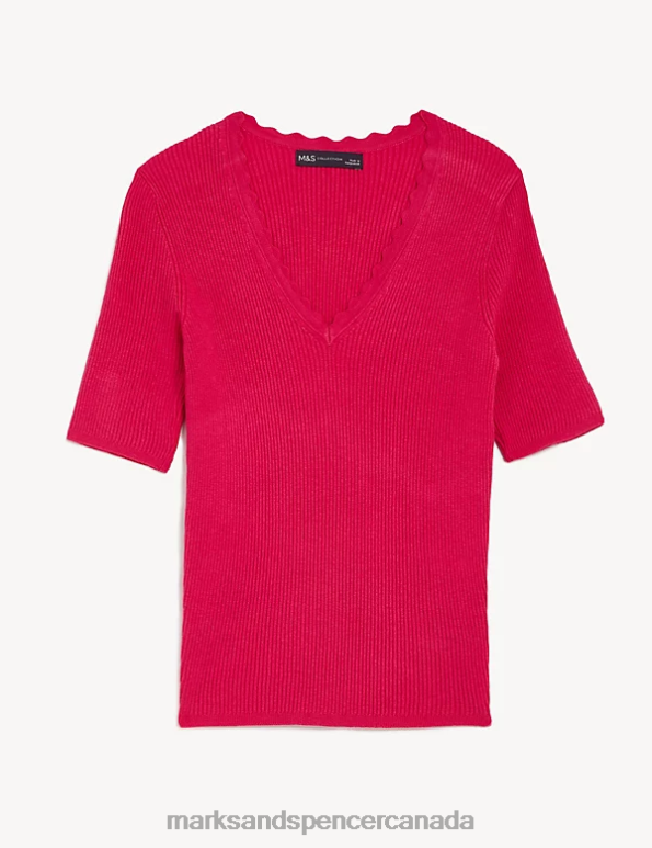 Women Bright Red Clothing Marks & Spencer Ribbed V-Neck Scallop Edge Knitted Top 20VTD1749 - Marks and Spencer online