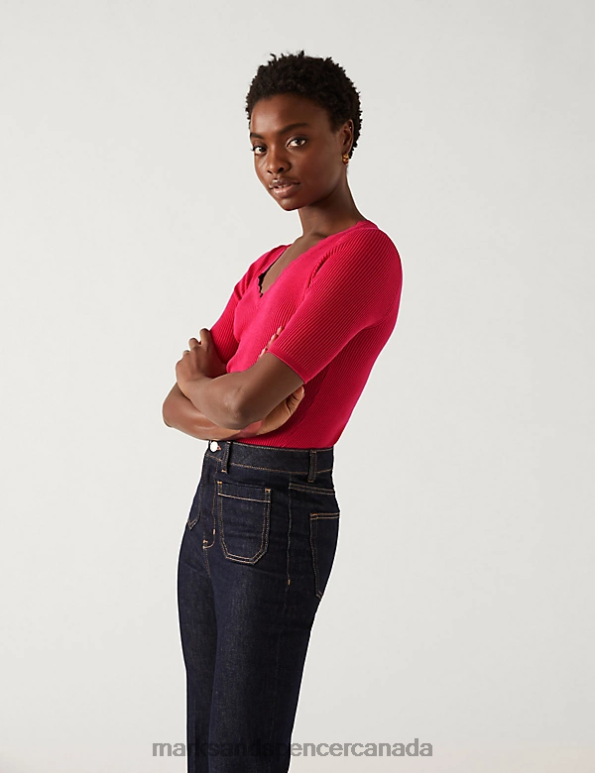 Women Bright Red Clothing Marks & Spencer Ribbed V-Neck Scallop Edge Knitted Top 20VTD1749 - Marks and Spencer online