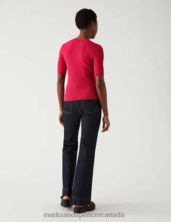 Women Bright Red Clothing Marks & Spencer Ribbed V-Neck Scallop Edge Knitted Top 20VTD1749 - Marks and Spencer online