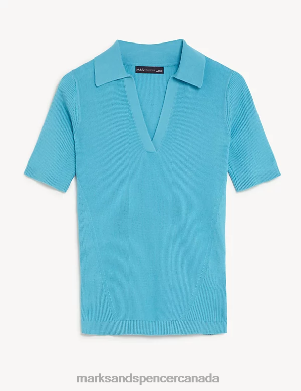 Marks and Spencer sale - Women Bright Turquoise Clothing Marks & Spencer Cotton Rich Ribbed Collared Knitted Top 20VTD1279
