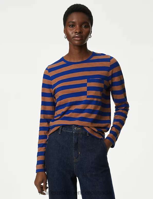 Marks and Spencer near me - Women Brown Mix Clothing Marks & Spencer Pure Cotton Striped Crew Neck Top 20VTD1727