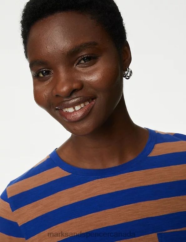 Marks and Spencer near me - Women Brown Mix Clothing Marks & Spencer Pure Cotton Striped Crew Neck Top 20VTD1727