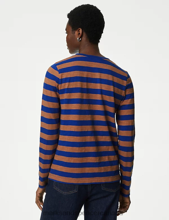 Marks and Spencer near me - Women Brown Mix Clothing Marks & Spencer Pure Cotton Striped Crew Neck Top 20VTD1727