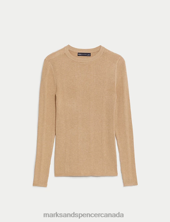 Women Camel Clothing Marks & Spencer Ribbed Crew Neck Fitted Knitted Top 20VTD1562 - Marks and Spencer outlet