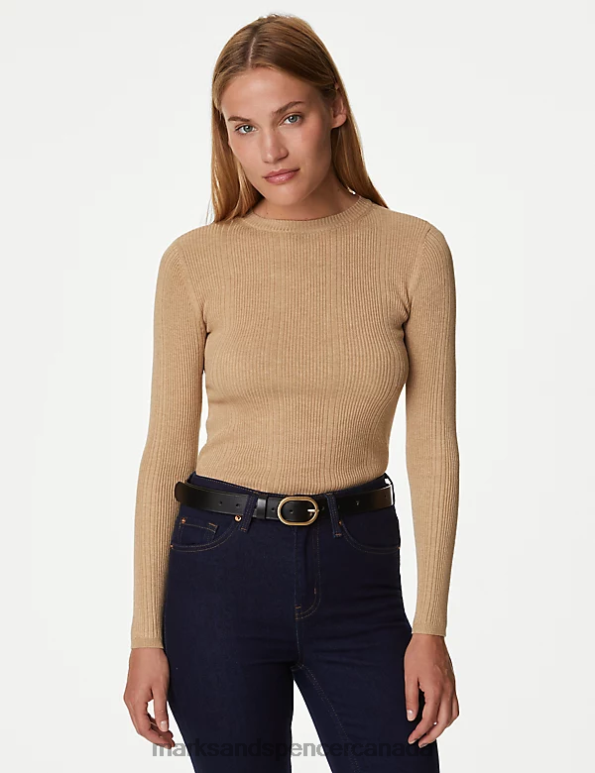 Women Camel Clothing Marks & Spencer Ribbed Crew Neck Fitted Knitted Top 20VTD1562 - Marks and Spencer outlet