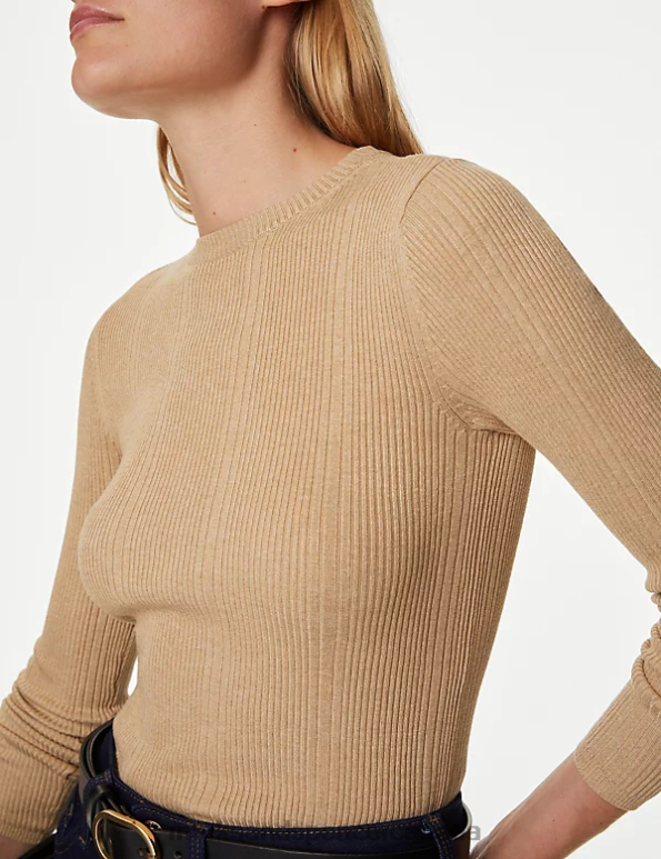 Women Camel Clothing Marks & Spencer Ribbed Crew Neck Fitted Knitted Top 20VTD1562 - Marks and Spencer outlet