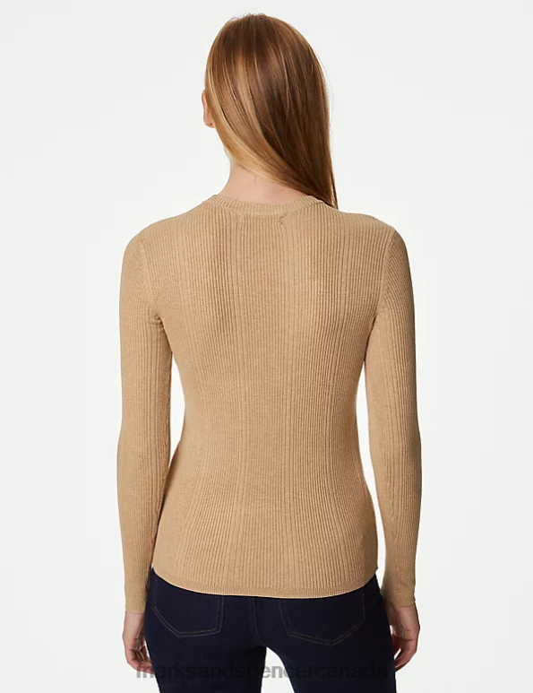 Women Camel Clothing Marks & Spencer Ribbed Crew Neck Fitted Knitted Top 20VTD1562 - Marks and Spencer outlet