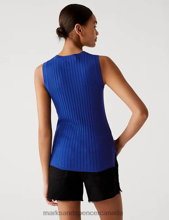 Women Dark Blue Clothing Marks & Spencer Ribbed Crew Neck Fitted Knitted Vest 20VTD1081 - Marks and Spencer Canada locations