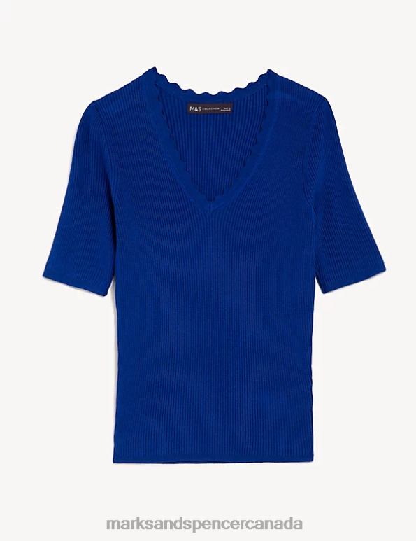 Women Dark Blue Clothing Marks & Spencer Ribbed V-Neck Scallop Edge Knitted Top 20VTD1427 - Marks and Spencer Canada locations