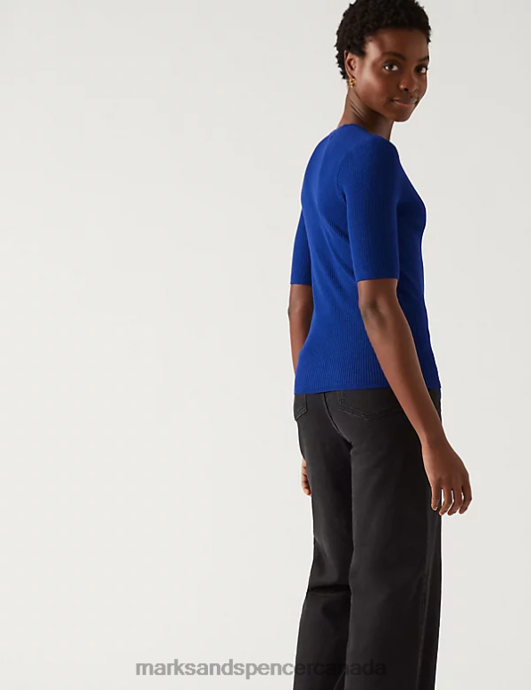 Women Dark Blue Clothing Marks & Spencer Ribbed V-Neck Scallop Edge Knitted Top 20VTD1427 - Marks and Spencer Canada locations