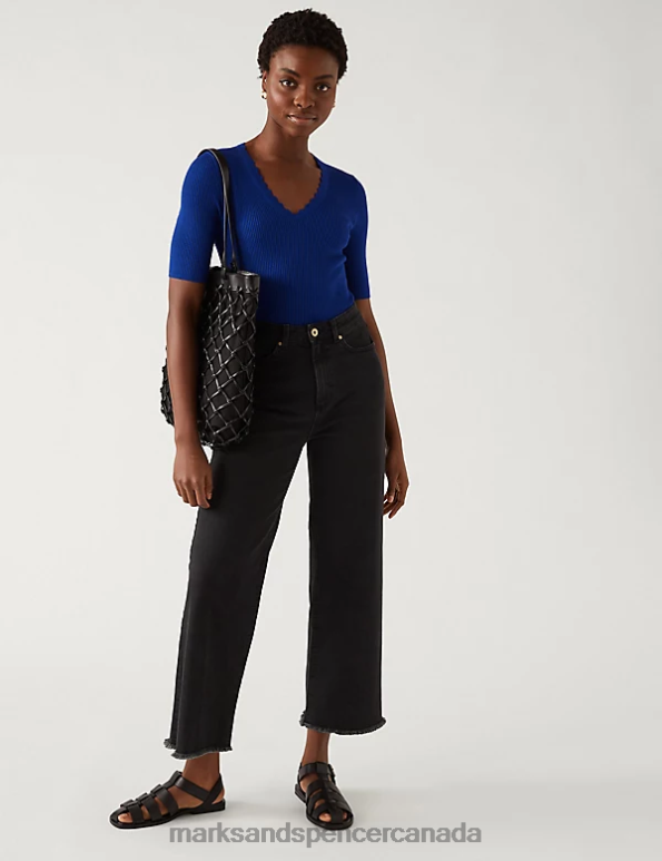 Women Dark Blue Clothing Marks & Spencer Ribbed V-Neck Scallop Edge Knitted Top 20VTD1427 - Marks and Spencer Canada locations