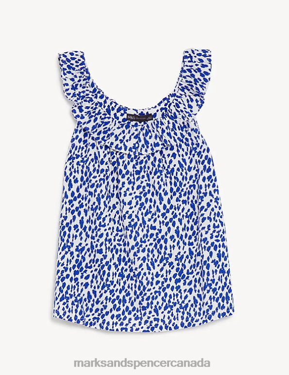 Marks and Spencer sale - Women Dark Blue Mix Clothing Marks & Spencer Linen Blend Printed Ruffle Vest Top 20VTD2577