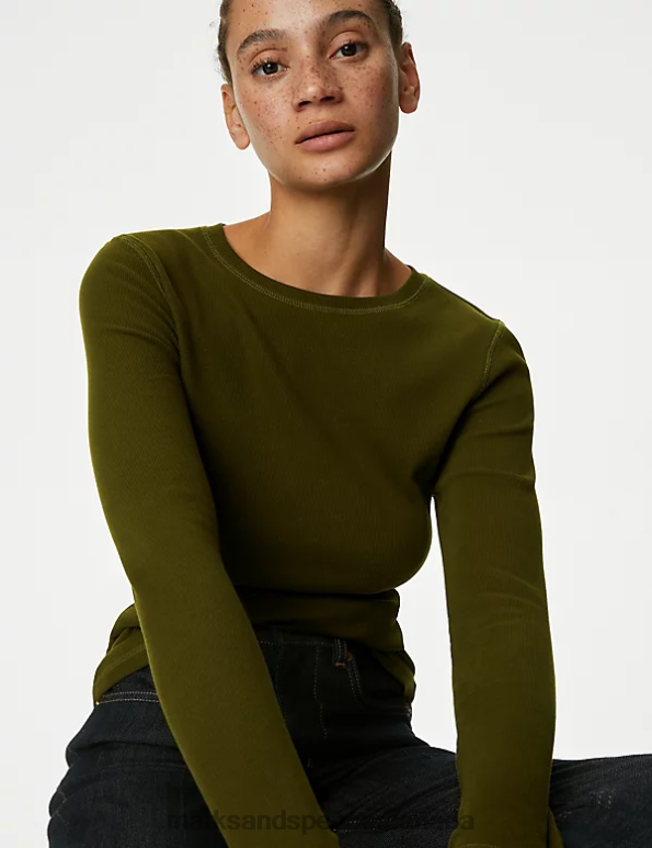 Women Dark Khaki Clothing Marks & Spencer Cotton Rich Ribbed Top 20VTD258 - Marks and Spencer outlet
