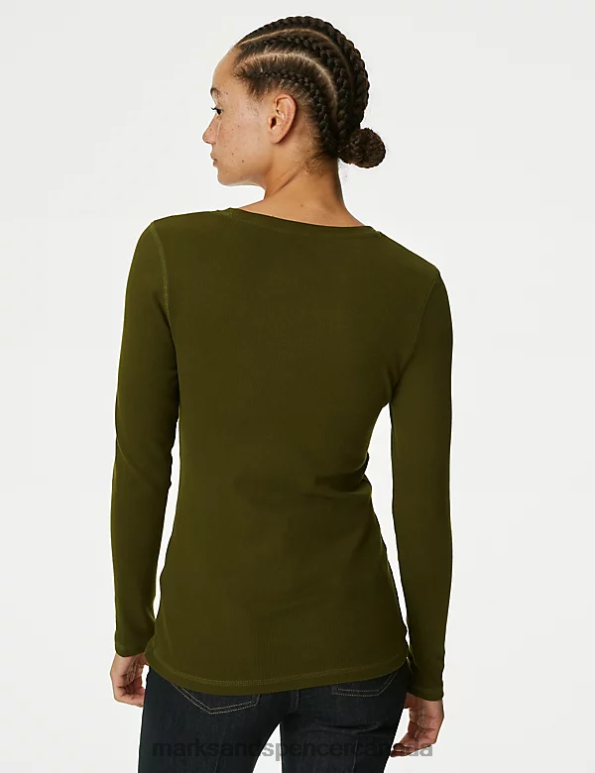 Women Dark Khaki Clothing Marks & Spencer Cotton Rich Ribbed Top 20VTD258 - Marks and Spencer outlet