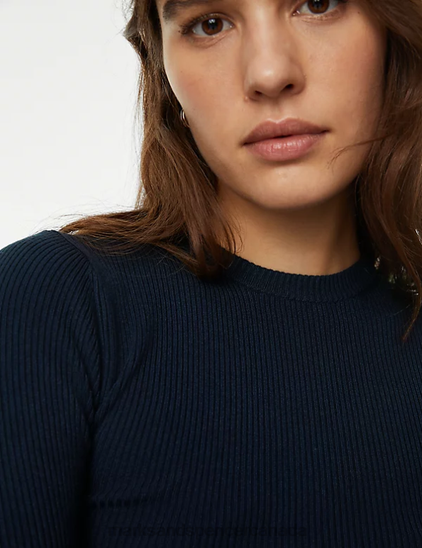 Women Dark Navy Clothing Marks & Spencer Ribbed Crew Neck Cropped Top 20VTD1301 - Marks and Spencer outlet