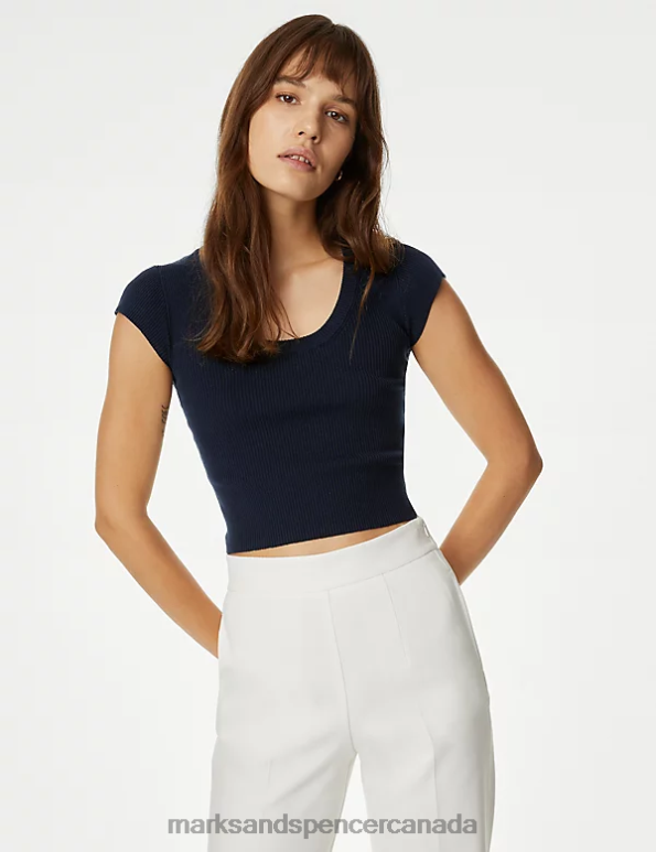 Women Dark Navy Clothing Marks & Spencer Ribbed Scoop Neck Cropped Top 20VTD1245 - Marks and Spencer outlet