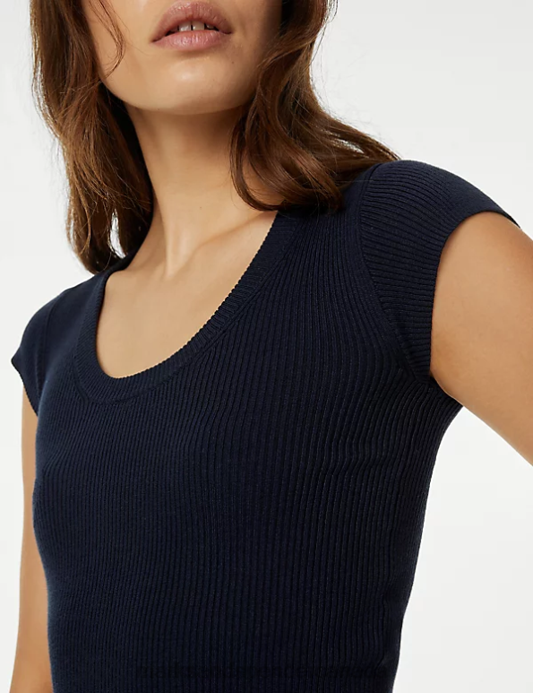 Women Dark Navy Clothing Marks & Spencer Ribbed Scoop Neck Cropped Top 20VTD1245 - Marks and Spencer outlet