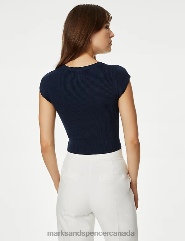 Women Dark Navy Clothing Marks & Spencer Ribbed Scoop Neck Cropped Top 20VTD1245 - Marks and Spencer outlet