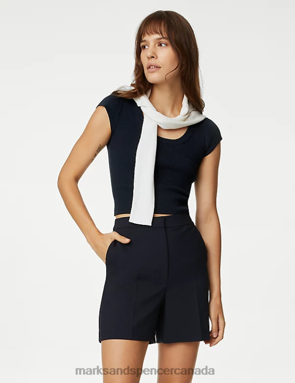 Women Dark Navy Clothing Marks & Spencer Ribbed Scoop Neck Cropped Top 20VTD1245 - Marks and Spencer outlet