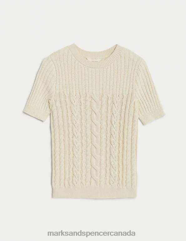 Women Ecru Clothing Marks & Spencer Cotton Rich Cable Knit Knitted Top 20VTD1078 - Marks and Spencer online