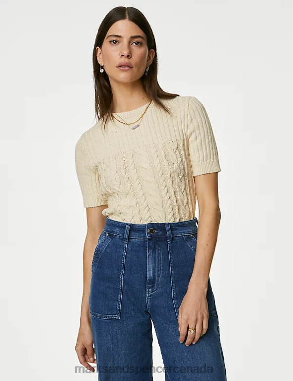 Women Ecru Clothing Marks & Spencer Cotton Rich Cable Knit Knitted Top 20VTD1078 - Marks and Spencer online